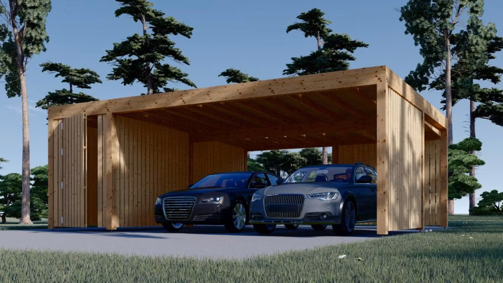 Dvojitý dřevěný přístřešek s kůlnou LUNA DUO F PLUS, 7,6x5,6 m, s boční stěnou