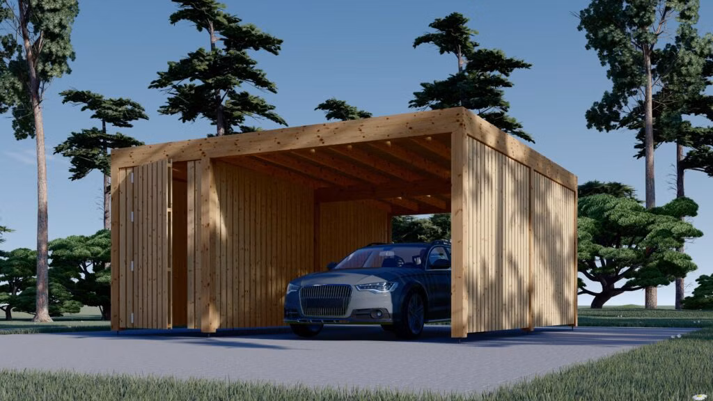 Dřevěný přístřešek s kůlnou LUNA F PLUS, 4,9x5,6 m, s boční stěnou