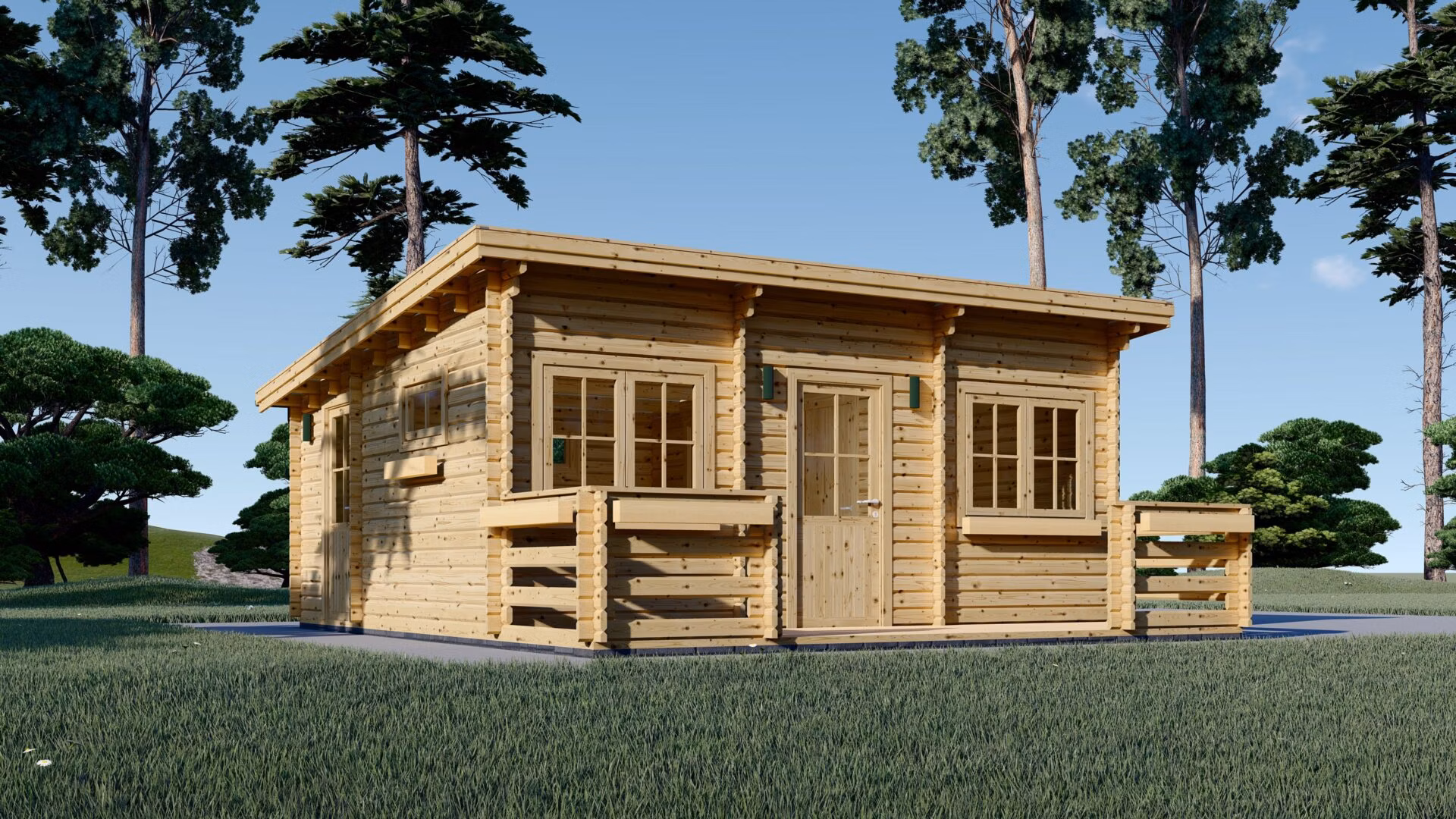 Dřevěná chata s plochou střechou a terasou ALTURA 31 m2 + 8 m2 s (44 mm)