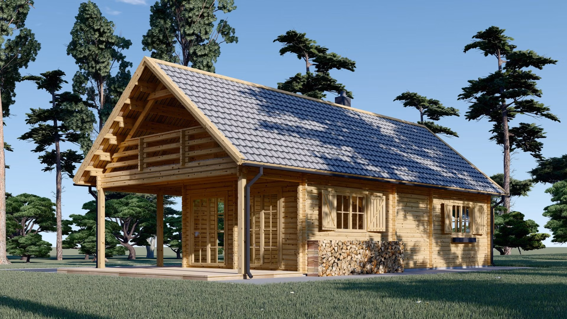 Dřevěná chata s terasou AURA (66 mm), 100 m2 + 35 m2