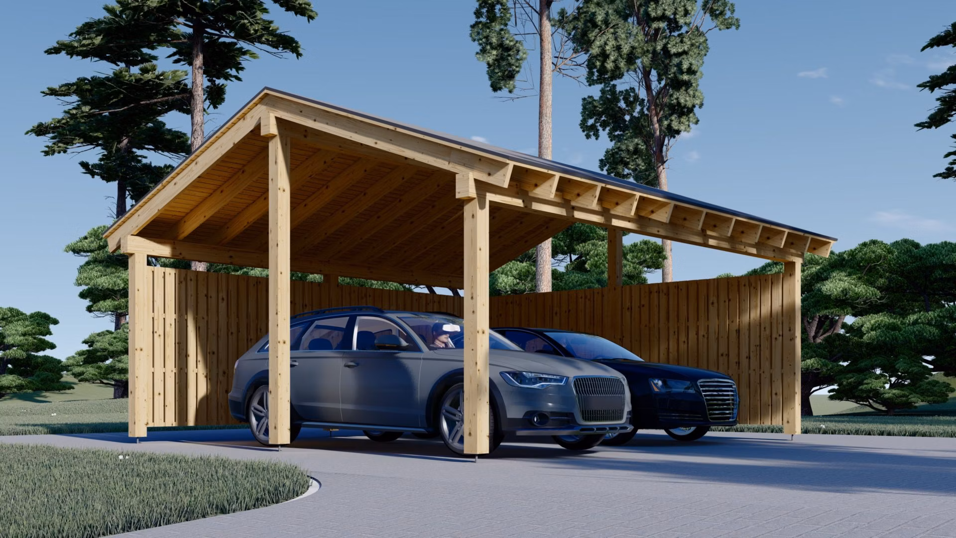 Dvojitý drevený prístrešok LUNA DUO 6x6 m, so stenou v tvare L