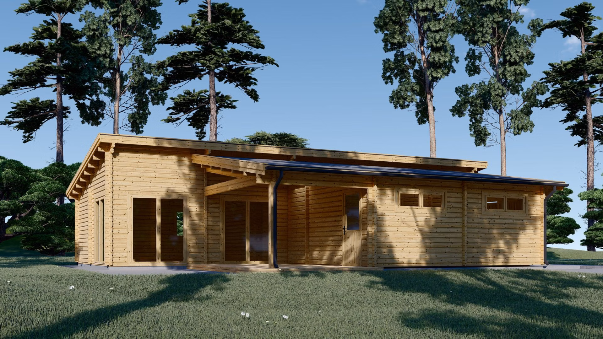 Drevená chata BERTA s plochou strechou (66 mm), 72 m² s terasou + 20 m² garáž