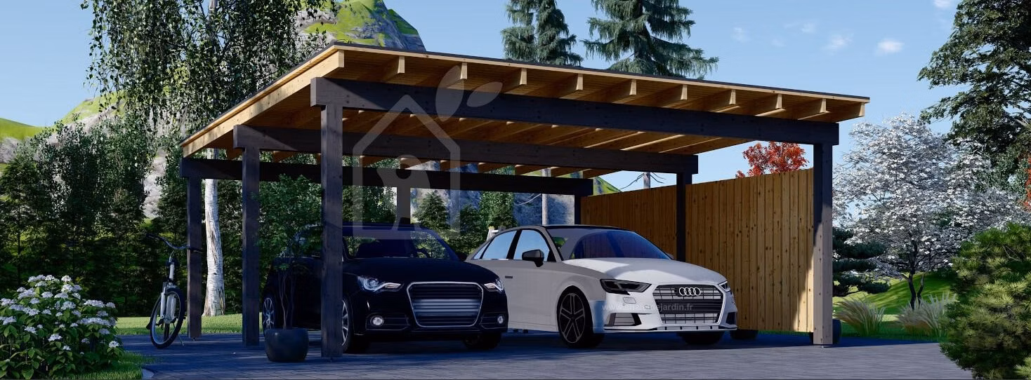 Dvojitý drevený prístrešok na auto LUNA DUO F, 6x6 m, s bočnou stenou