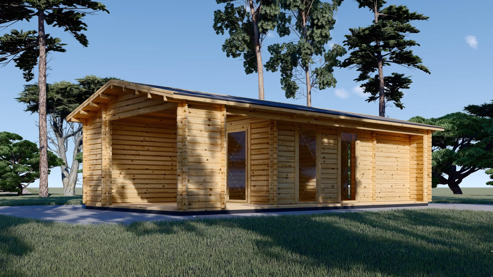 Drevený záhradný domček s terasou ANNA 7,5 m x 5 m (44 mm), 20 m² + 16 m²