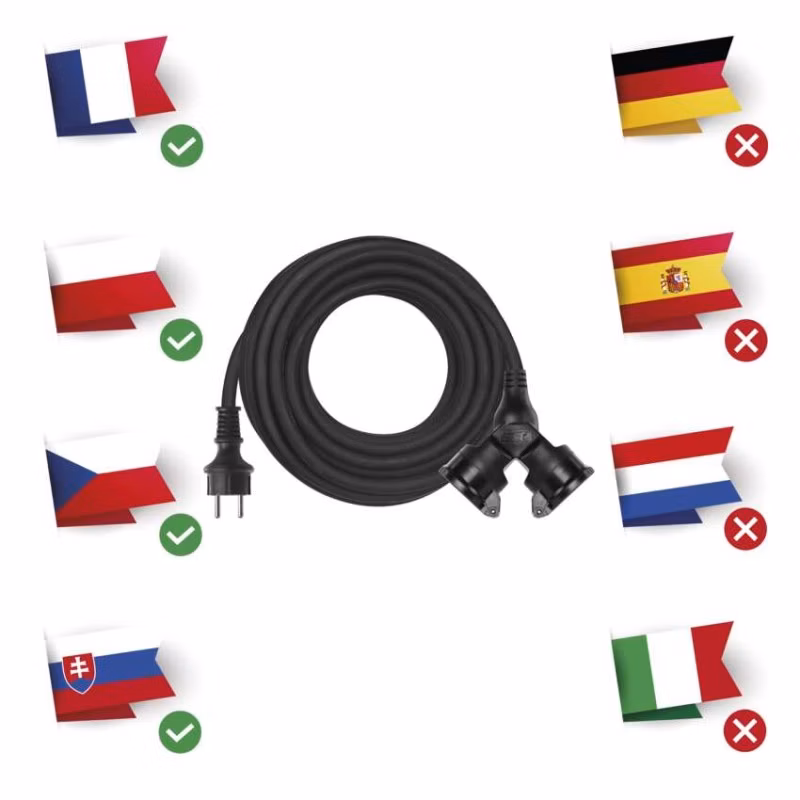 Vonkajší predlžovací kábel 15 m / 2 zásuvky / čierny / guma / 230 V / 1,5 mm2