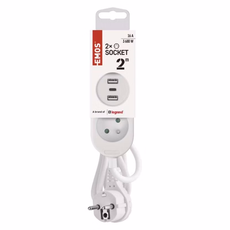 Predlžovací kábel 2 m / 2 zásuvky+2×USB A+1×USB C / biely / PVC / 1 mm2
