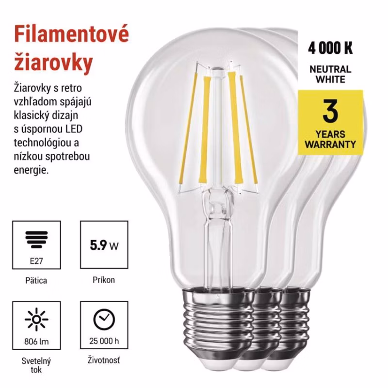 LED žiarovka Filament A60 / E27 / 5,9 W (60 W) / 806 lm / Neutrálna biela