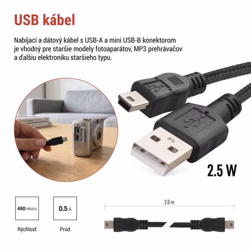 Nabíjací a dátový kábel USB-A 2.0 / mini USB-B 2.0, 2 m, čierny