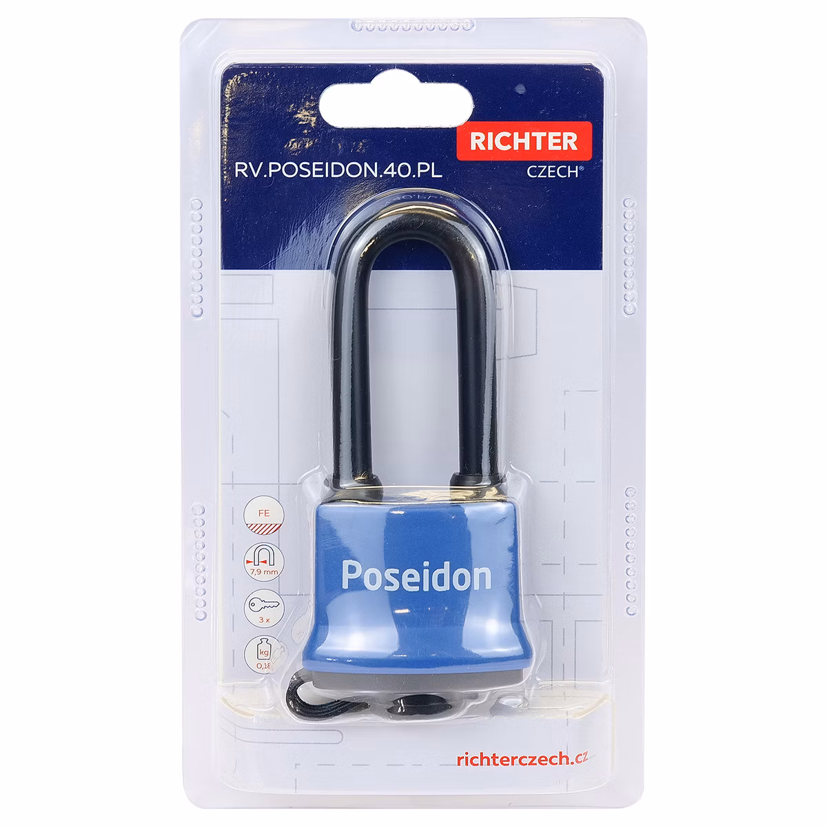Ocelový voděodolný zámek s plastovým krytem. RICHTER RV.POSEIDON.40.PL