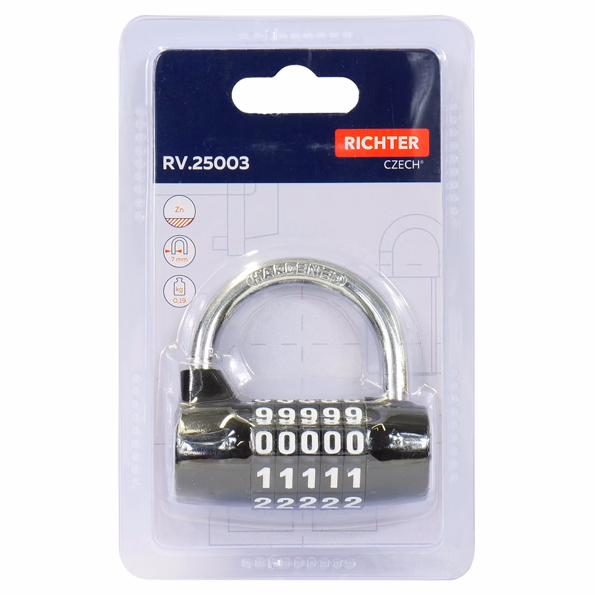 Kódový visací zámek ze slitiny zinku RICHTER RV.25003.CRN