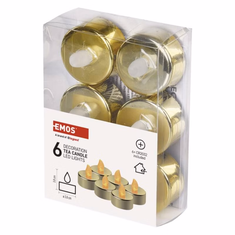 LED dekorácia – 6x čajová sviečka zlatá, 6x CR2032, vnútorná, vintage