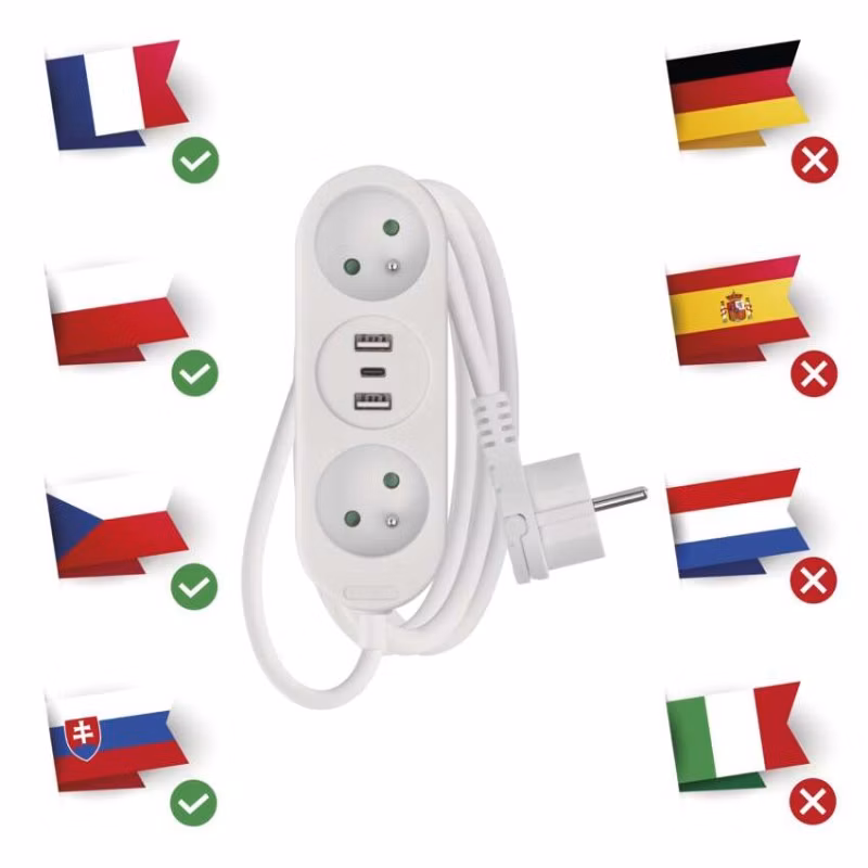 Predlžovací kábel 2 m / 2 zásuvky+2×USB A+1×USB C / biely / PVC / 1 mm2