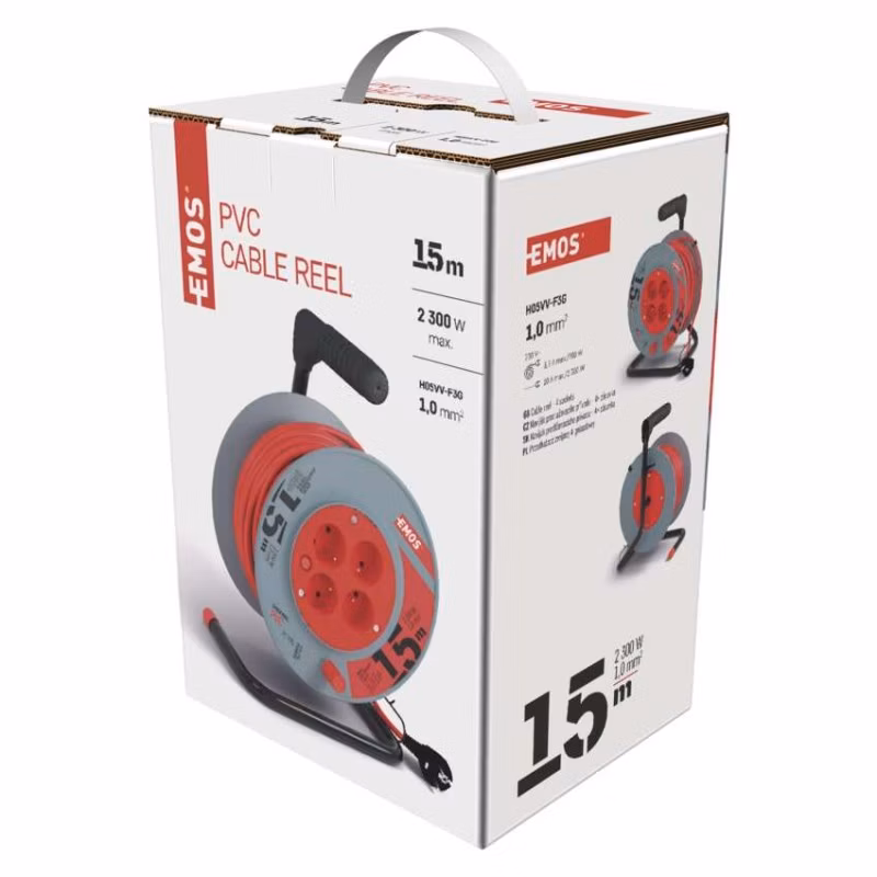Predlžovací kábel na bubne 15 m / 4 zásuvky / červený / PVC / 230 V / 1 mm2