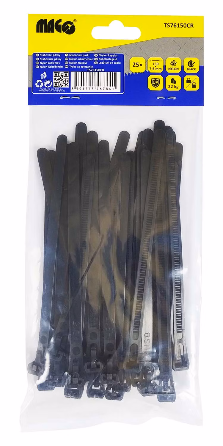 Sťahovacie pásky 7,6x150mm čierne rozopínacie - 25 ks