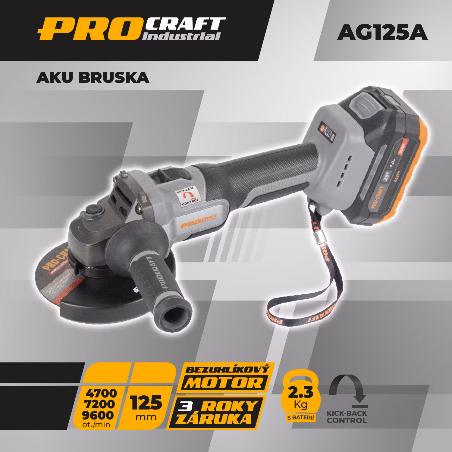 Aku brúska Procraft Industrial AG125A-1B-F (Taška) | AG125A-1B-F