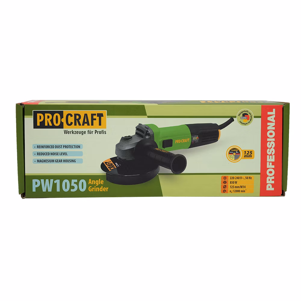 Uhlová brúska Procraft PW1050 + 10x rezací kotúč CD125x1,0 , 2x lamelový kotúč | SPW1050