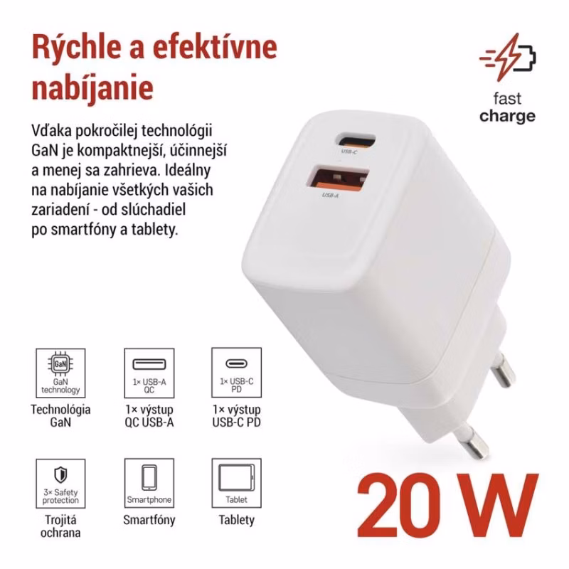 Univerzálny USB adaptér GaN do siete PD 20 W max.