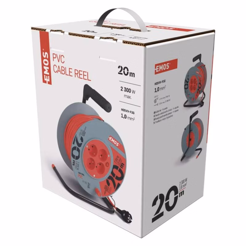 Predlžovací kábel na bubne 20 m / 4 zásuvky / červený / PVC / 230 V / 1 mm2