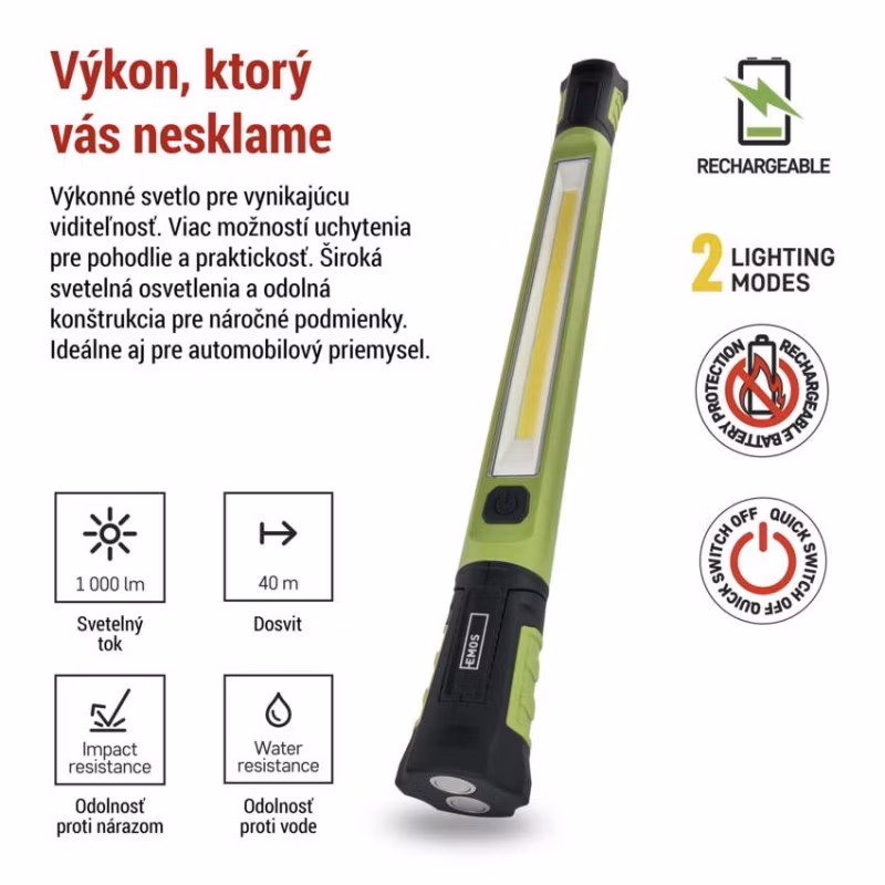 Nabíjacie prac. svietidlo COB LED P4545, 1000 lm, 2600 mAh