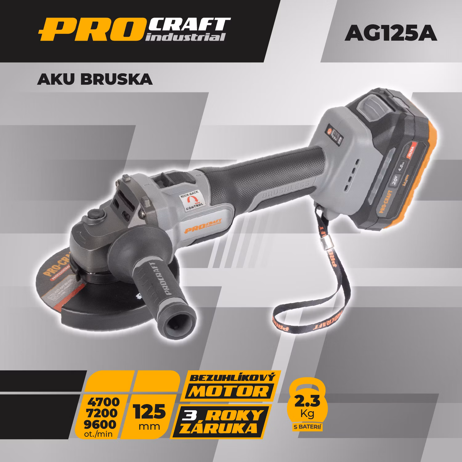 Akumulátorová brúska Procraft Industrial AG125Abb (bez akumulátora a nabíjačky) | AG125A bb