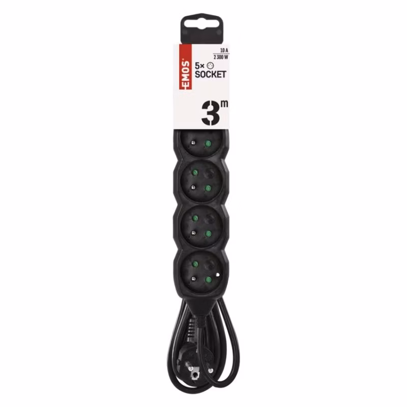 Predlžovací kábel 3 m / 5 zásuviek / čierny / PVC / 1 mm2