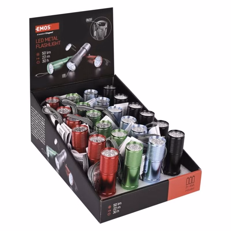 LED ručné kovové svietidlo P3848A, 50 lm, 3× AAA, 24 ks, display box