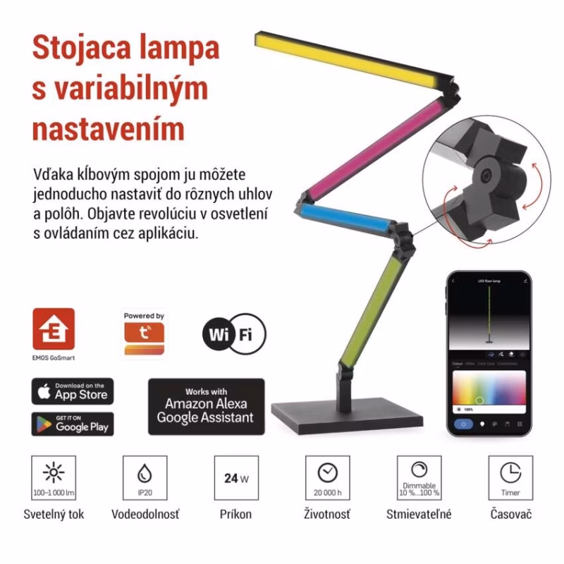 GoSmart LED stojaca lampa, čierna, 175 cm, teplá biela / RGBIC WiFi