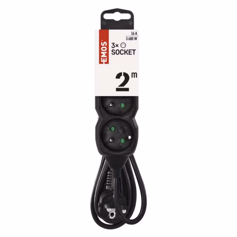Predlžovací kábel 2 m / 3 zásuvky / čierny / PVC / 1 mm2