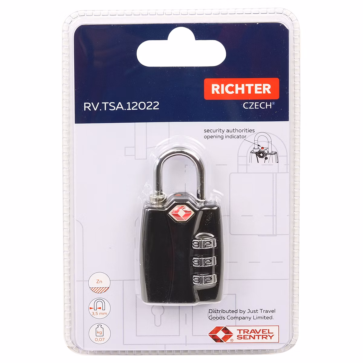 Kódový, cestovní TSA visací zámek s indikátorem otevření RICHTER RV.TSA.12022.C