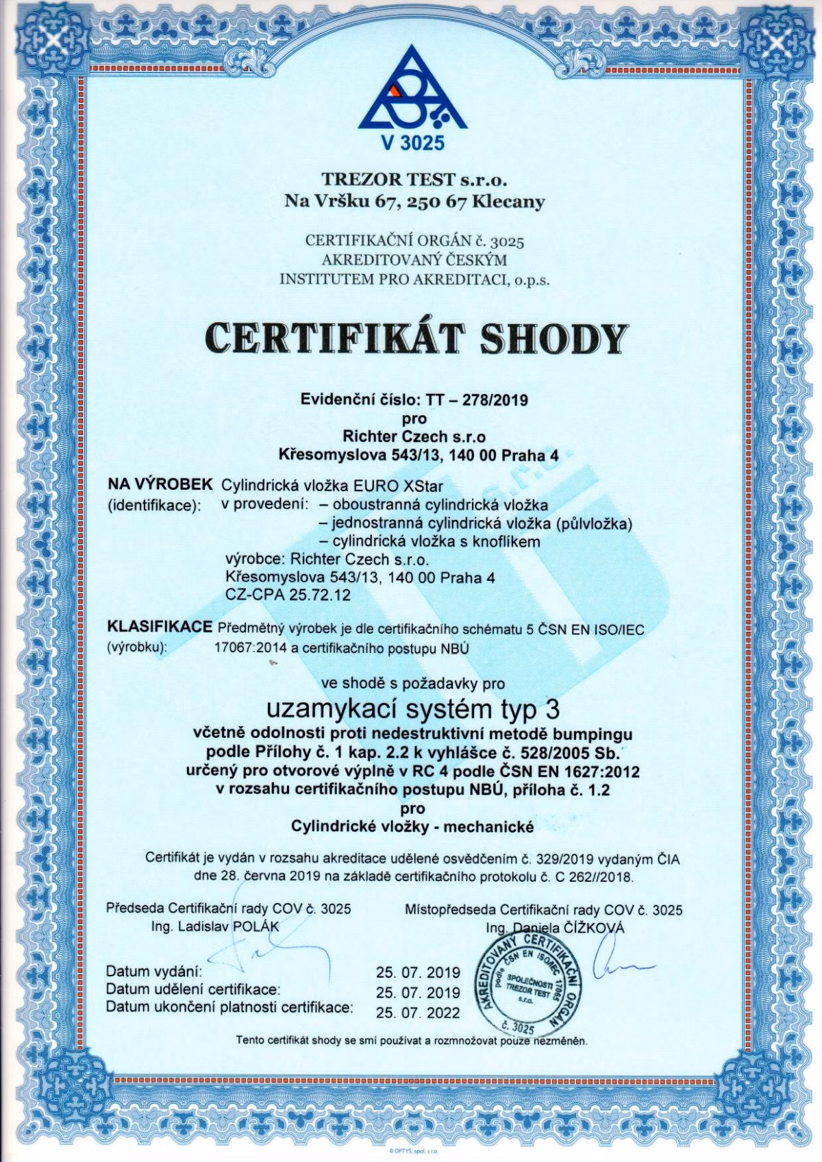 Bezpečnostní 10stavítková vložka s ocelovou tyčí proti rozlomení. RICHTER EXR.45/45.NI