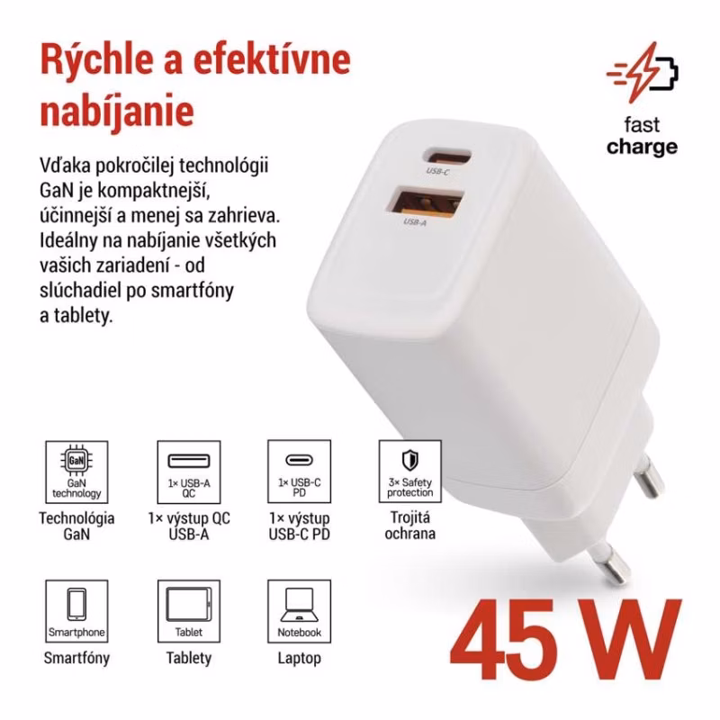 Univerzálny USB adaptér GaN do siete PD 45 W max.