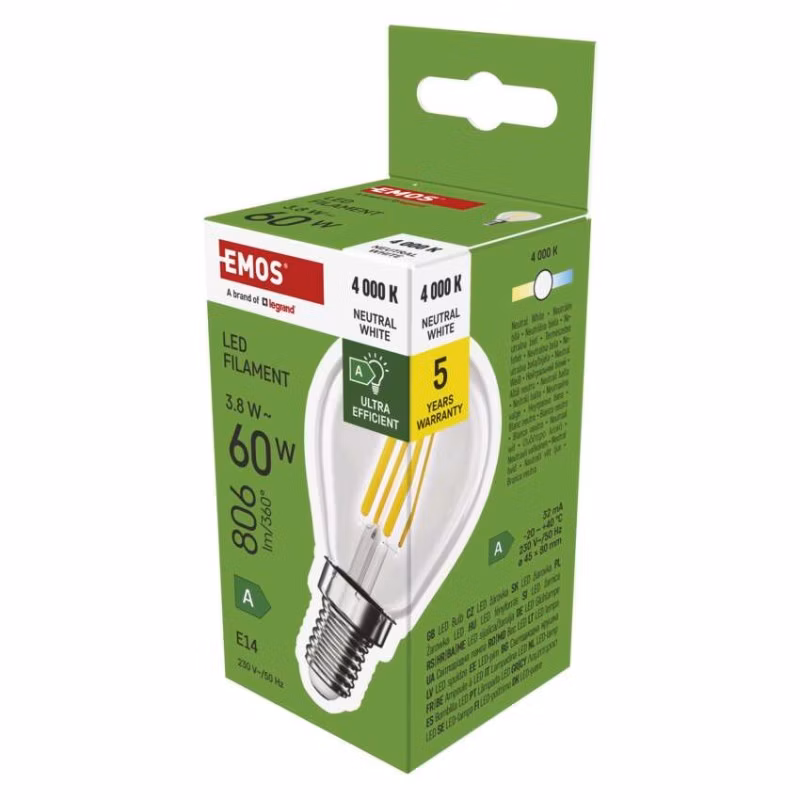 LED žiarovka Filament Mini Globe A CLASS/ E14 / 3,8 W (60 W) / 806 lm / Neutrálna biela