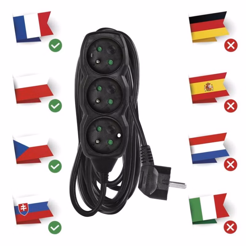 Predlžovací kábel 5 m / 3 zásuvky / čierny / PVC / 1,5 mm2
