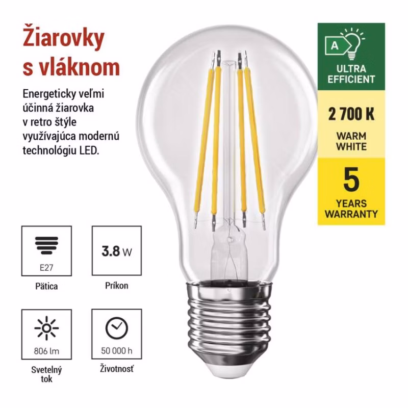LED žiarovka Filament A60 A CLASS/ E27 / 3,8 W (60 W) / 806 lm / teplá biela