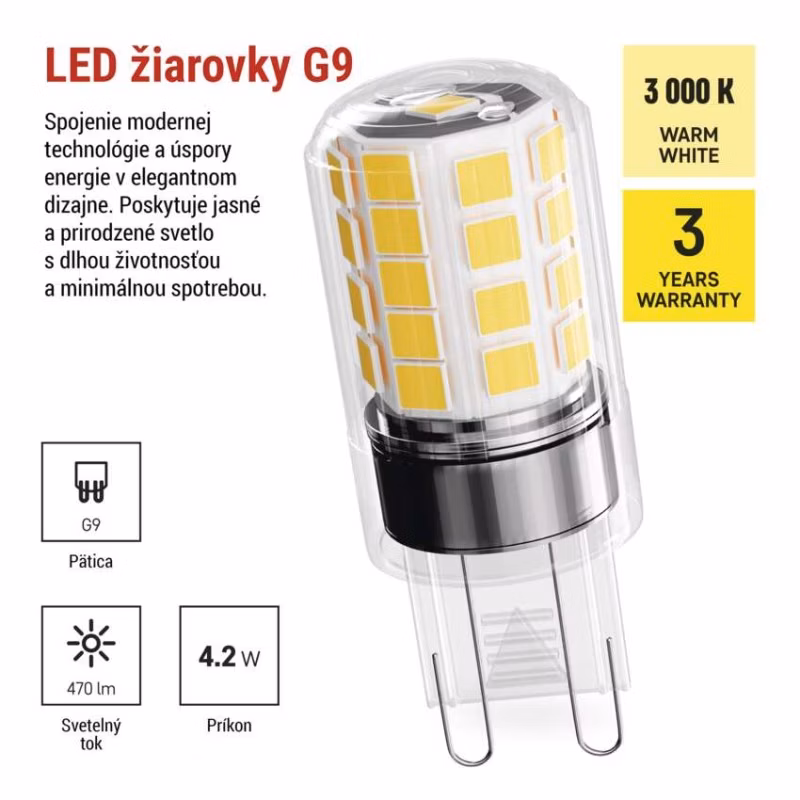 LED žiarovka Classic JC / G9 / 4,2 W (40 W) / 470 lm / teplá biela/ 2 ks