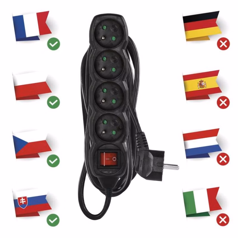 Predlžovací kábel 5 m / 4 zásuvky / s vypínačom / čierny / PVC / 1,5 mm2