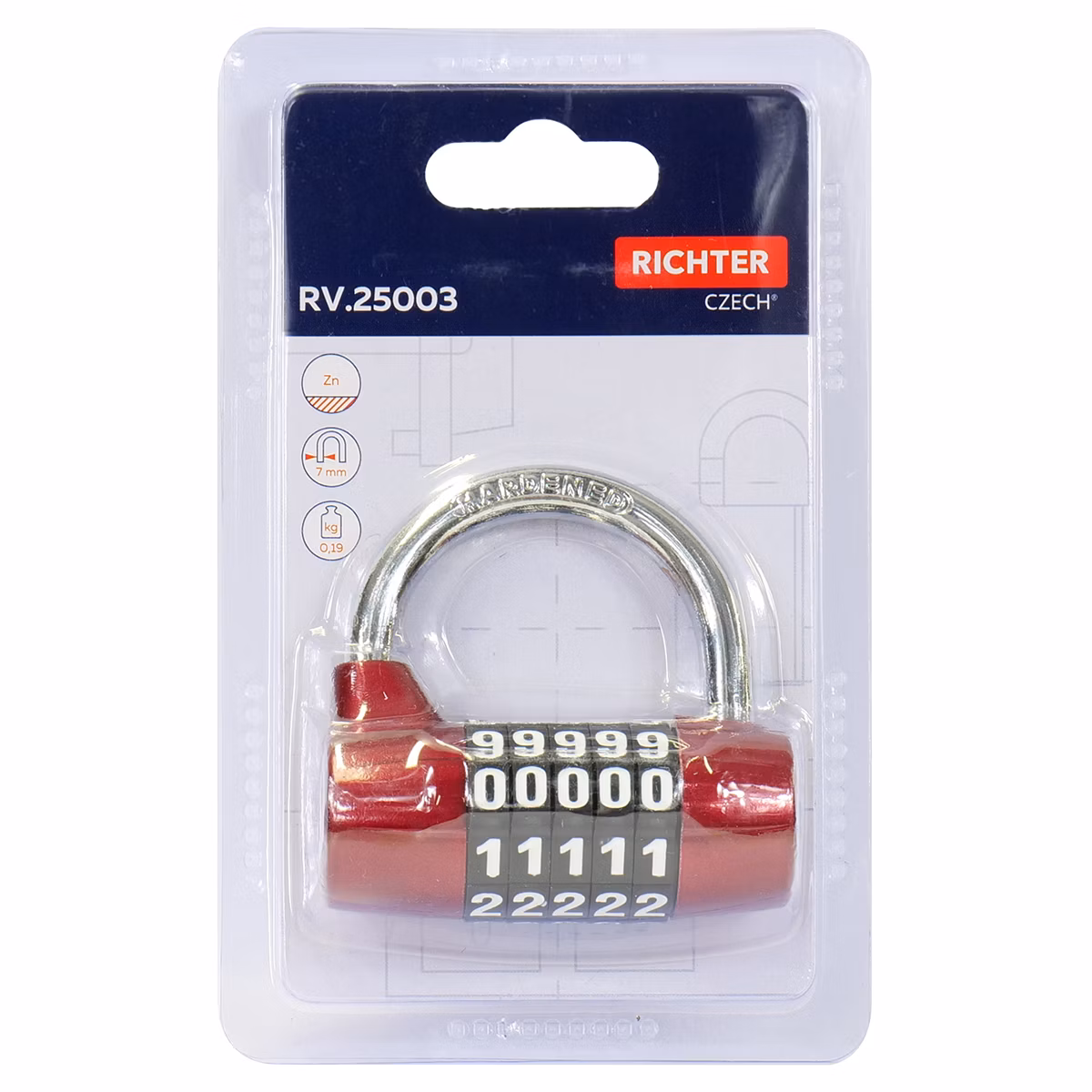 Kódový visací zámek ze slitiny zinku RICHTER RV.25003.CRV