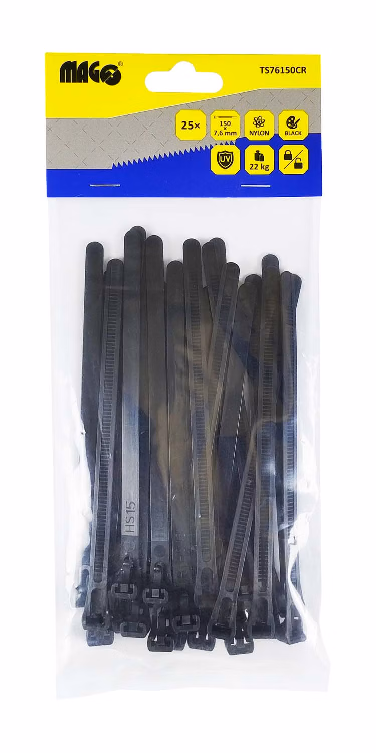 Sťahovacie pásky 7,6x150mm čierne rozopínacie - 25 ks