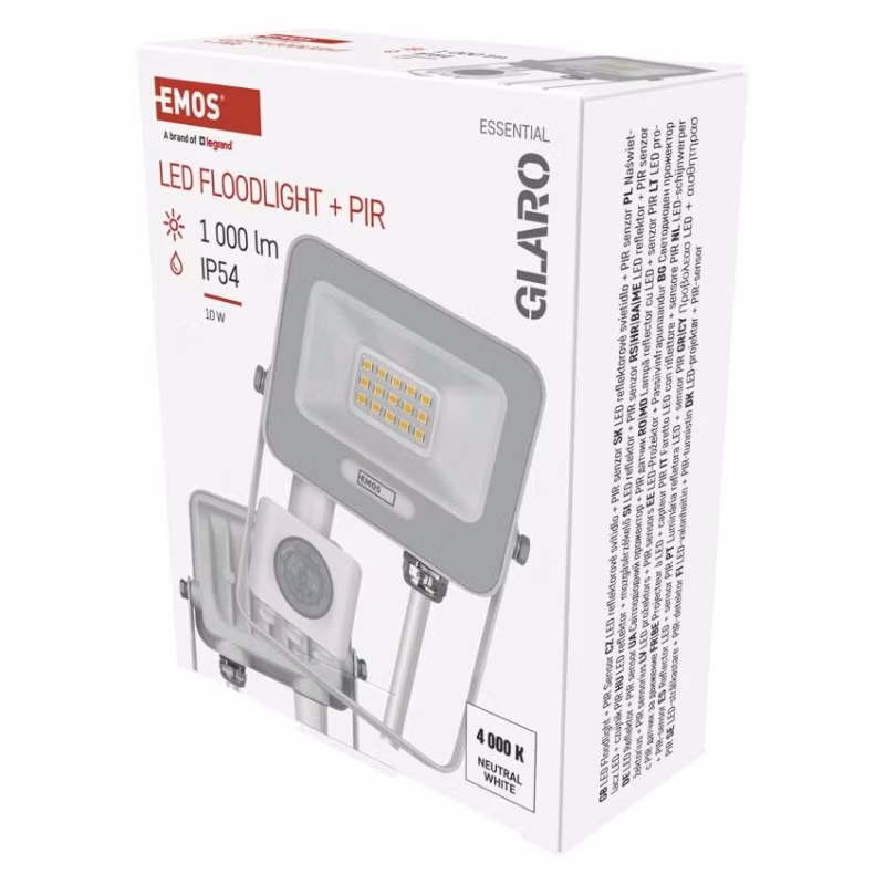 LED reflektor GLARO s pohybovým čidlom, 10 W, biely, IP54, 1000 lm, neutrálna biela