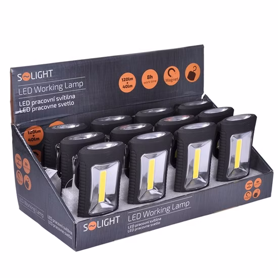 SOLIGHT - LED svietidlo pracovné, 3W COB + 3 SMD LED, háčik + magnet, 3 x AAA