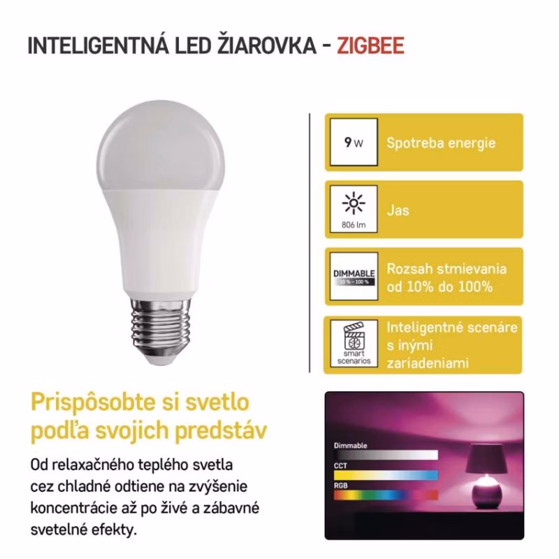 LED žiarovka GoSmart A60 / E27 / 9 W (60 W) / 806 lm / RGB / stmievateľná / Zigbee