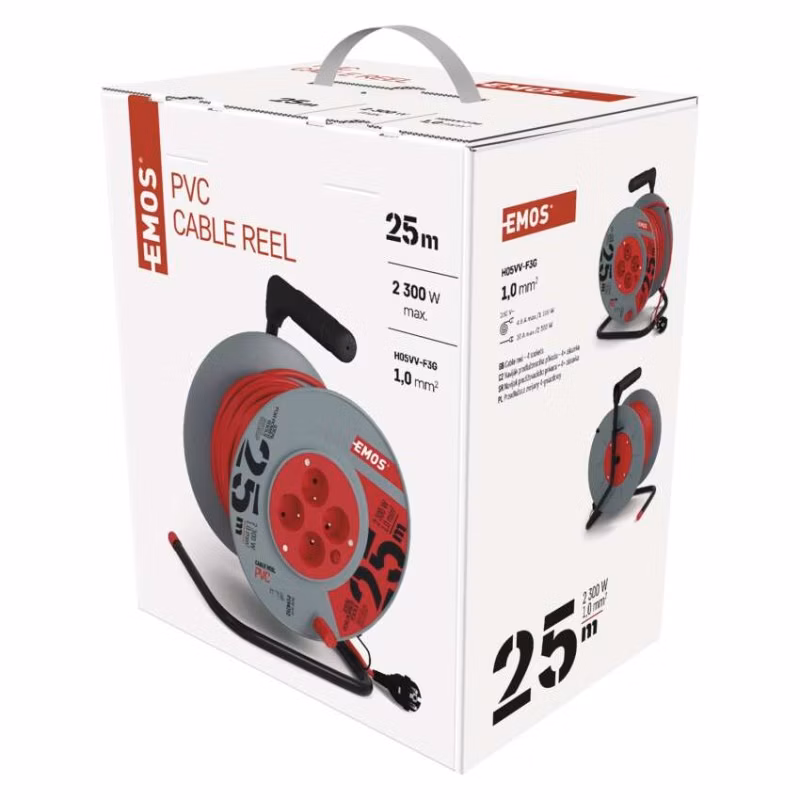 Predlžovací kábel na bubne 25 m / 4 zásuvky / červený / PVC / 230 V / 1 mm2