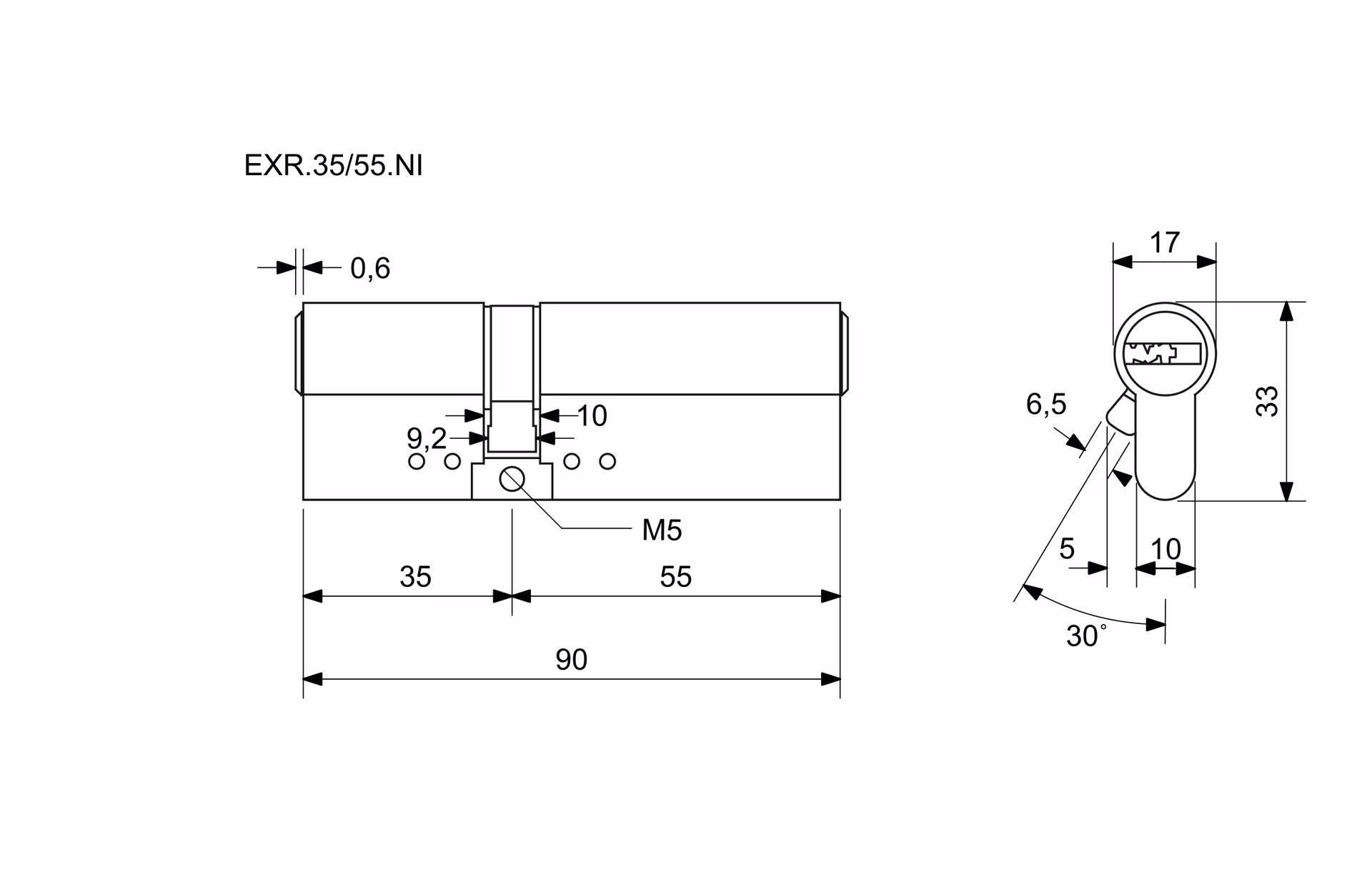 Bezpečnostní 10stavítková vložka s ocelovou tyčí proti rozlomení. RICHTER EXR.35/55.NI
