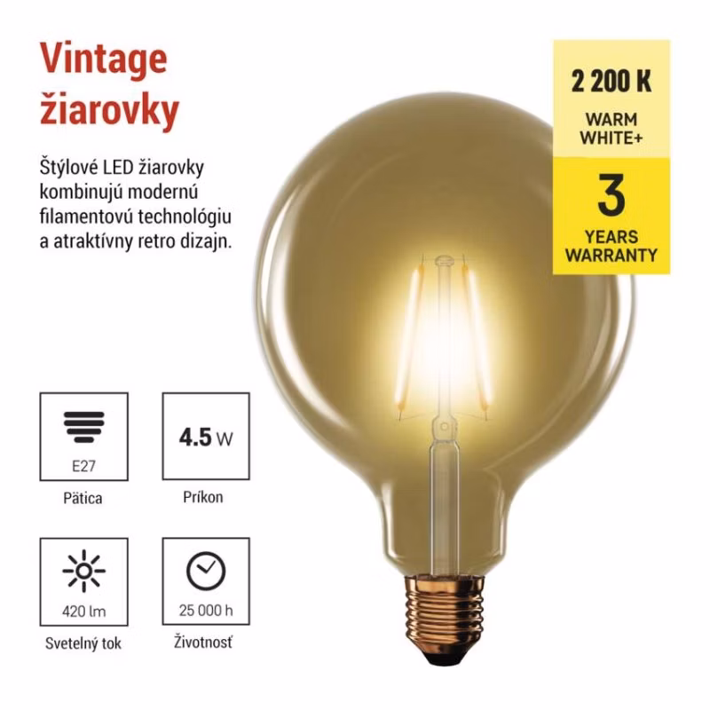 LED žiarovka Vintage G125 / E27 / 4,5 W (40 W) / 420 lm / Teplá biela
