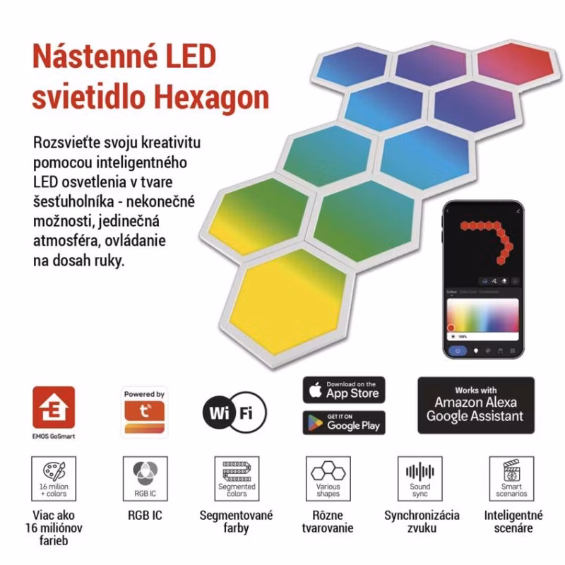GoSmart LED svietidlo Hexagon, štartovací sada, 10 dielov, 19 W, RGBIC stmievateľné, WiFi