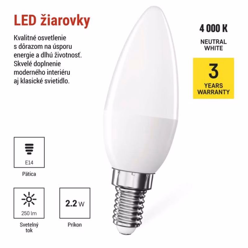 LED žiarovka Classic sviečka / E14 / 2,2 W (25 W) / 250 lm / Neutrálna biela