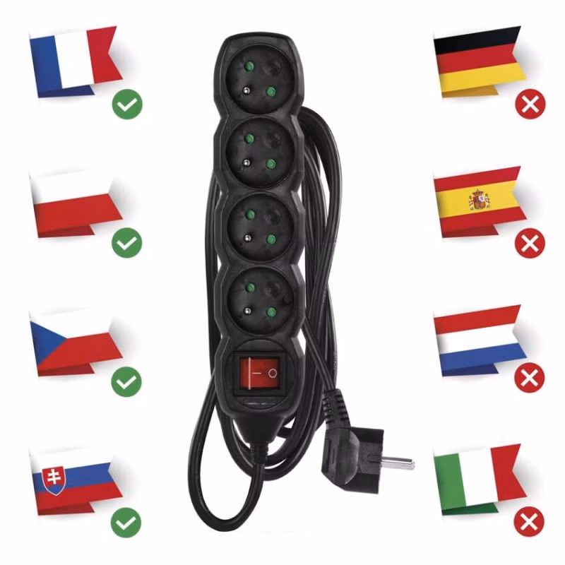 Predlžovací kábel 3 m / 4 zásuvky / s vypínačom / čierny / PVC / 1,5 mm2