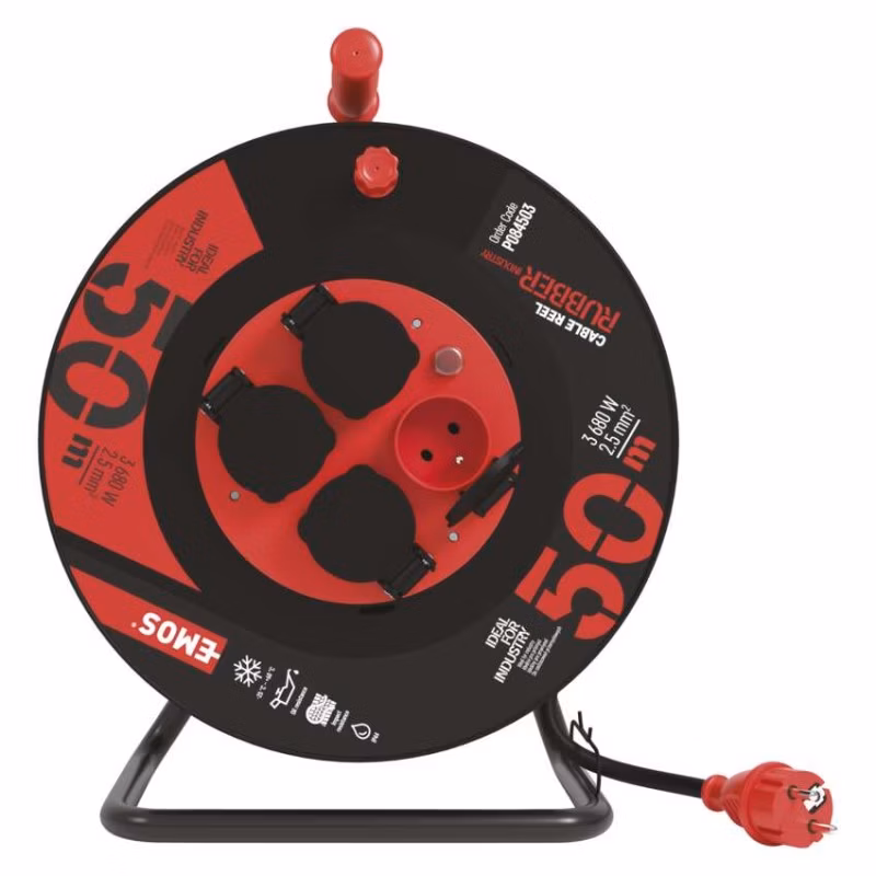 Vonkajší predlžovací kábel na bubne 50 m / 4 zás. / čierny / guma-neoprén / 230V / 2,5 mm2