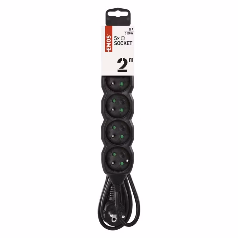 Predlžovací kábel 2 m / 5 zásuviek / čierny / PVC / 1 mm2