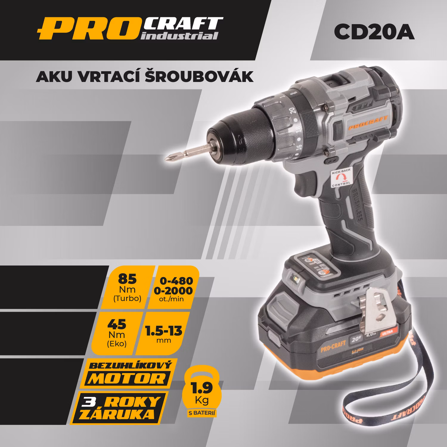 Akumulátorový vŕtací skrutkovač Procraft Industrial CD20Abb (bez akumulátora a nabíjačky) | CD20Abb